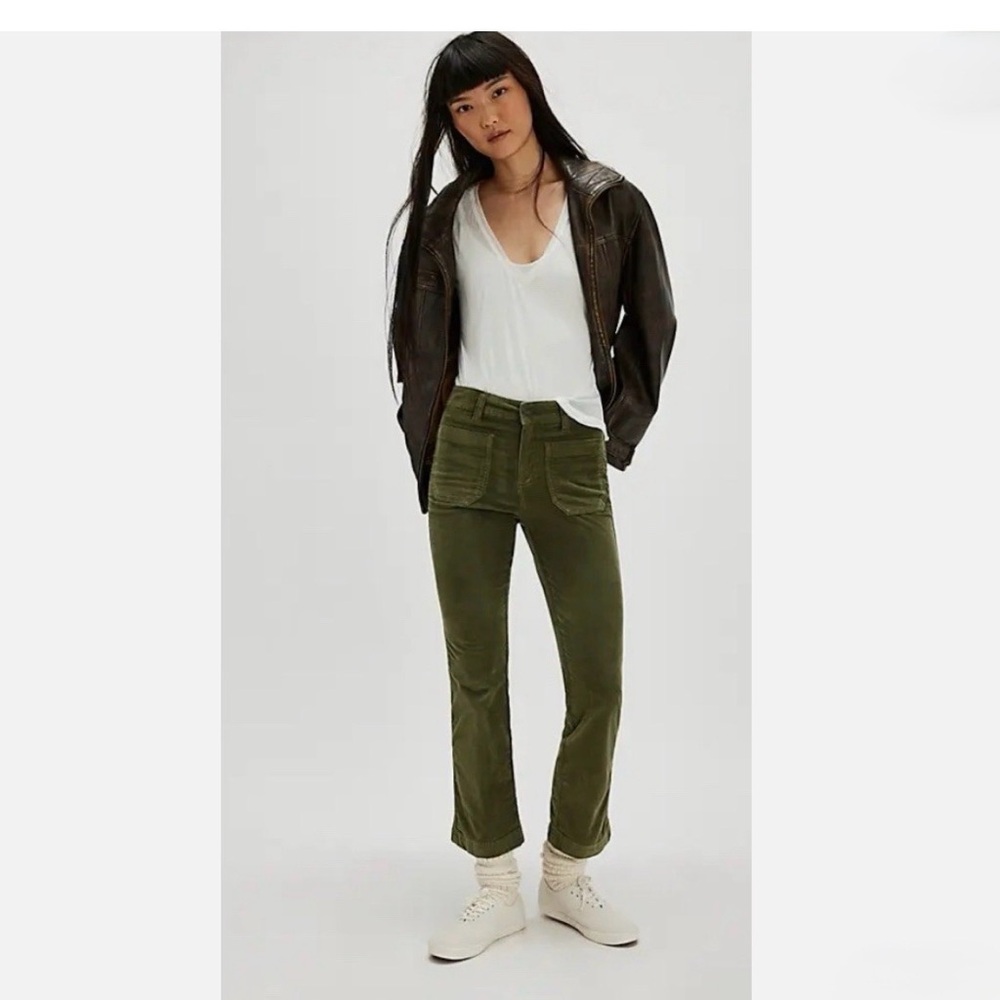 NWT Free People High Time Velvet Kick Flare Pants, Army Green | Size 10